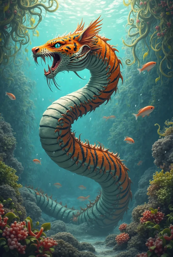 There is a creature in the water,The body of a fish,Snake's Tail(best quality,4K,8k,High level,masterpiece:1.2),Ultra Detailed,(lifelike,Photo real,Photo real:1.37),Highly detailed animals,Complex patterns,Realistic lighting,Fantasy Creatures