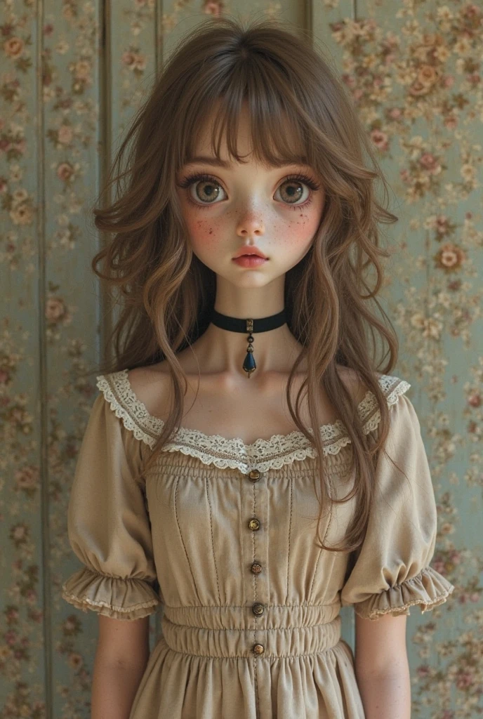 make a blythe doll with medium long black brownish hair, green eyes and almost light brown complexion