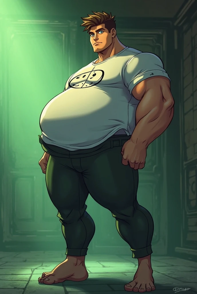 anime boy, stocky body, authoritarian gaze, black and neon green fade hair, jungle green eyes, serious expression, Whole body, fully side view, anime style, dramatic lighting, dynamic pose, extended arm, Tense muscles, tight sportswear, barefoot, heels slightly raised