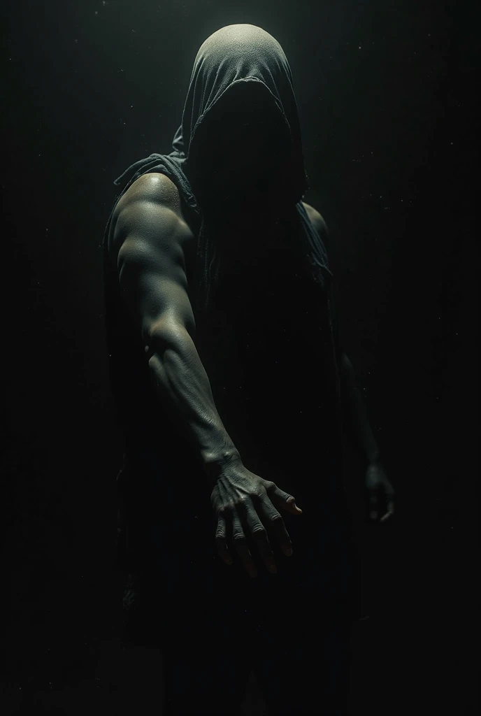 A man in a hooded black jacket, facing away from the camera, there is a man&#39;s body hanging with chains