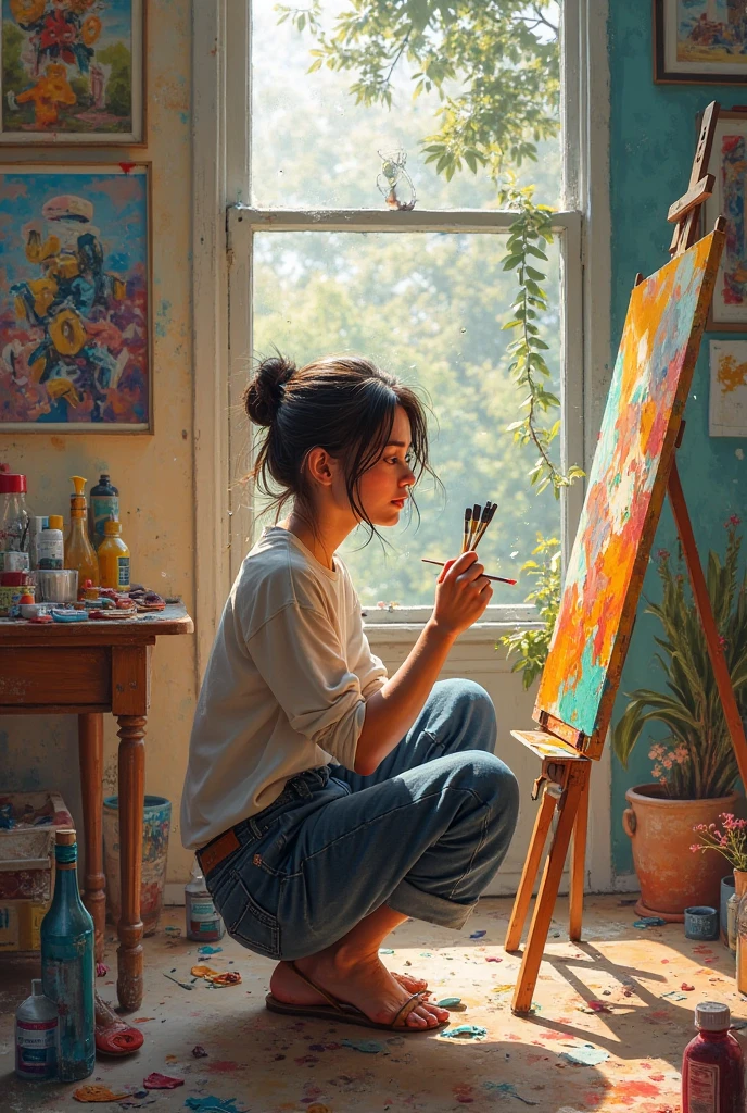 Background: A small, cozy art studio with large windows letting in soft daylight. The studio is cluttered with art supplies like paintbrushes, canvases, and scattered sheets of paper. Paintings of different faces, each with expressive emotions, line the walls. The room has a warm, inviting feel, with a mix of muted colors and gentle lighting that emphasizes the studio’s intimate atmosphere.
Style: Use soft, hand-drawn illustrative style with smooth color gradients and a slightly vintage look, similar to the given reference image. The colors should be warm with shades of beige, light blues, and greens, creating a comforting and nostalgic ambiance.
Character: Leena, a young artist in her mid-20s, with long, dark hair tied in a loose bun, wearing a casual outfit with paint stains—a simple shirt and comfortable pants. She is focused on a canvas, with a brush in hand, capturing the essence of a portrait. Her expression shows concentration mixed with a hint of melancholy, reflecting her inner emptiness despite the beauty she creates.