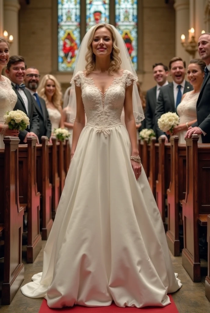 50 years old, A woman with short blonde haire, square cut Real women, she has an hourglass figure, she has a surreal, hentai-like physique, with exaggerated curves that showcase large buttocks and voluminous breasts, she is verry slim, (she is not obese or pregnant)
Elegant woman: Dressed as a sexy bride, with a dress that enhances her figure.
Outfit:
Dress: Fitted wedding gown with seductive details (décolleté, lace).
Accessories: Delicate veil and refined jewelry.
Context: Church, decorated for a ceremony, with pews full of guests.
Accompaniment: A young man at her side, dressed in an elegant suit, flashing a knowing smile.
Action: She stands proudly, beaming, savoring the moment while surrounded by happy people.
Expression: Radiant face, eyes sparkling with joy, showing her enthusiasm for this special day.