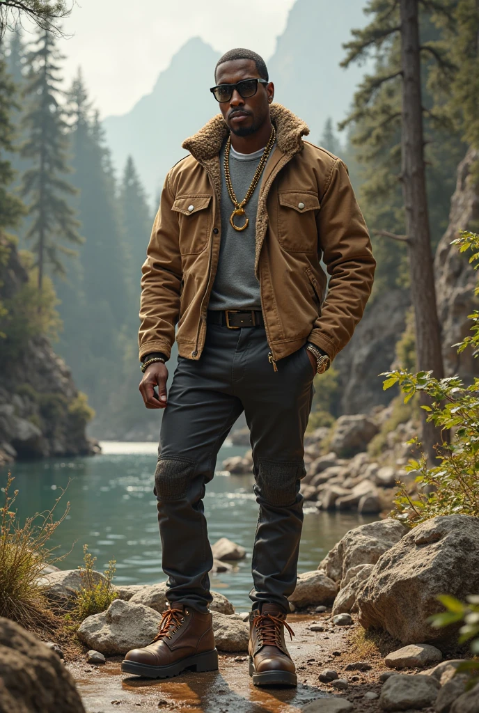 Professional photography, Chris Redfield from Resident Evil 8 stands on the dirt road，Put your hands in your pockets, large bulge，watching，wearing black masculin trench coat，belt，There are willow trees next to it，wearing black suit socks, No shoes allowed, socks and feet only Visible , Tsuchiya，ruins，（（Glasseale focus，dark brown clothes，dark brown backpack，high detail, Full body photo, panoramic，body positive, 48 years old, hairy chest，focus on socks and feet, Nasal pattern，rough face，worried expression，oily skin reaction，Strong hands，Covered in sweat，chest muscles，Very large ，Raised ，strong muscle，Thick waist，wide waist，brown skin，thick thighs，Brown tong，((crotch bulging))，（crotch bulging），Detailed hair details，gaston boucier style，sunny，blue sky，Sunlight，blue sky，There are mountain peaks in the distance，global illumination， CG-level lighting rendering，low contrast， (best quality)，masterpiece，8K wallpaper quality，List of Utria , Normal