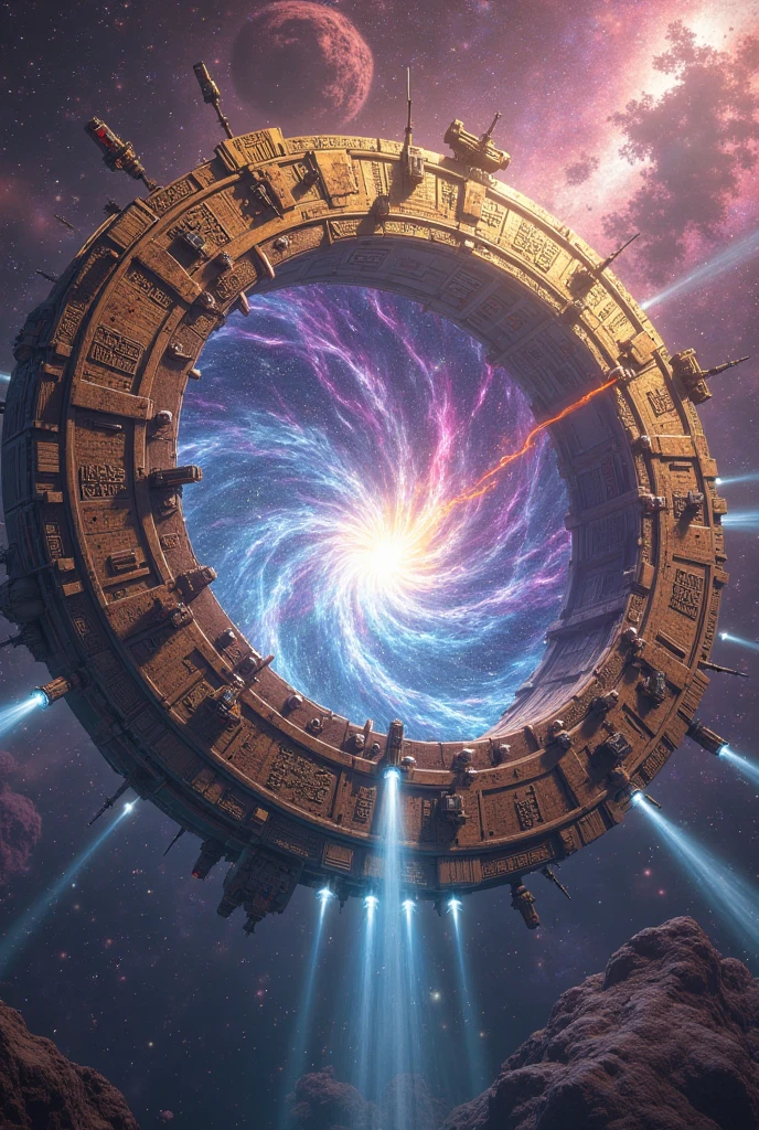 This breathtaking image portrays a colossal, intricately designed circular portal or space structure suspended in the vast expanse of outer space. The dominant feature is the massive ring, seemingly made of ancient, golden-metallic alloys, engraved with enigmatic alien glyphs, runes, and circuit-like patterns, giving it an aura of an ancient yet highly advanced civilization. The surface of the ring is adorned with small mechanical components, embedded hatches, and complex architectural detailing that resembles a fusion of futuristic engineering and mystical ornamentation. At the core of the structure lies a swirling, electrifying vortex of radiant energy—an otherworldly gateway pulsating with intense hues of electric blue, neon purple, magenta, and a central burst of blinding white light. This vibrant core appears to crackle and spin with raw cosmic power, as if it connects different dimensions or galaxies. Beams of brilliant golden light shoot outward from the upper half of the ring, piercing through the surrounding nebulae and casting a heavenly glow across the cosmic landscape. Below the ring, streams of bluish energy cascade like ethereal waterfalls, giving the impression of propulsion or gravitational manipulation. Several sleek, futuristic starships with glowing thrusters dart around the structure, either guarding or navigating through this monumental gateway. In the background, a stunning galactic panorama unfolds—a blend of purples, pinks, and blues with twinkling stars, glowing dust clouds, and hints of spiral galaxies, enhancing the sense of depth and otherworldliness. The entire scene radiates a sense of grandeur, mystery, and cosmic transcendence, suggesting a moment of interstellar travel or a powerful event at the intersection of science and myth.

