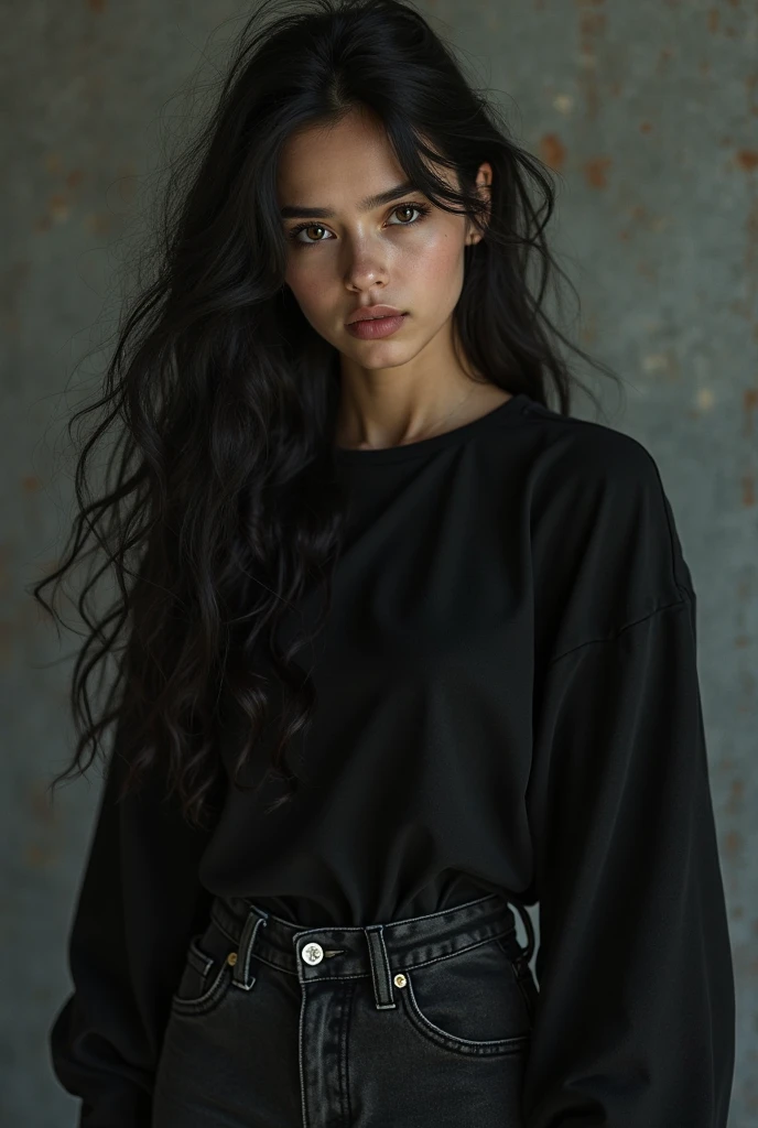 The female character has long black hair in a black dress wearing long black sleeves