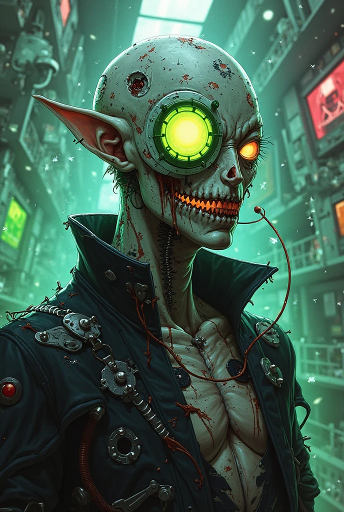 Alien zombie with brain sticking out of its open head and neon green eyes