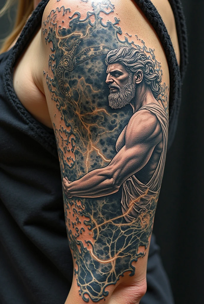 Create a tattoo that will be placed on the male forearm, of the Greek mythology God Kairos. Where Kairos is holding the hourglass just above his head and all of God is enveloped by clouds