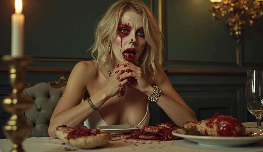 (((photorealistic:1.4))), ultra realistic, pores, (((masterpiece))),high quality,
beautiful pretty vampire queen with ultra long sharp pointed shiny dark blue with pretty fingernails sitting on the chair simple smile, blonde, blood splatter, sitting on sofa, restaurant, people arround, holding handsome man head on the table with deep cuts and wound, organs, extreme gore, flesh, blood splatter