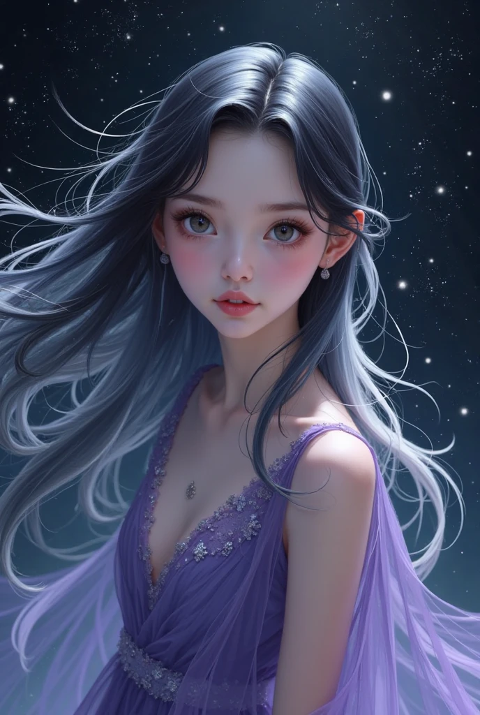1girl, about ((25 years old)), half-body, 'French, long light blue hair, messy straight hair, hair bangs, hair blowing in the wind. Ice blades emerging from hear hand. imposing. Beautiful face. Delicate facial features. Purple eyes. Purple clothes ((Cosmic multicolor background)).