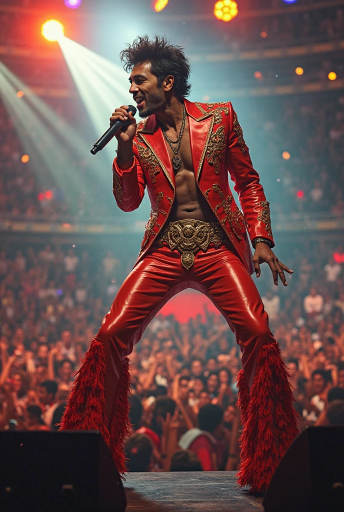 Lil nas x,wearing golden costume, singing at the stage , looking at crowd