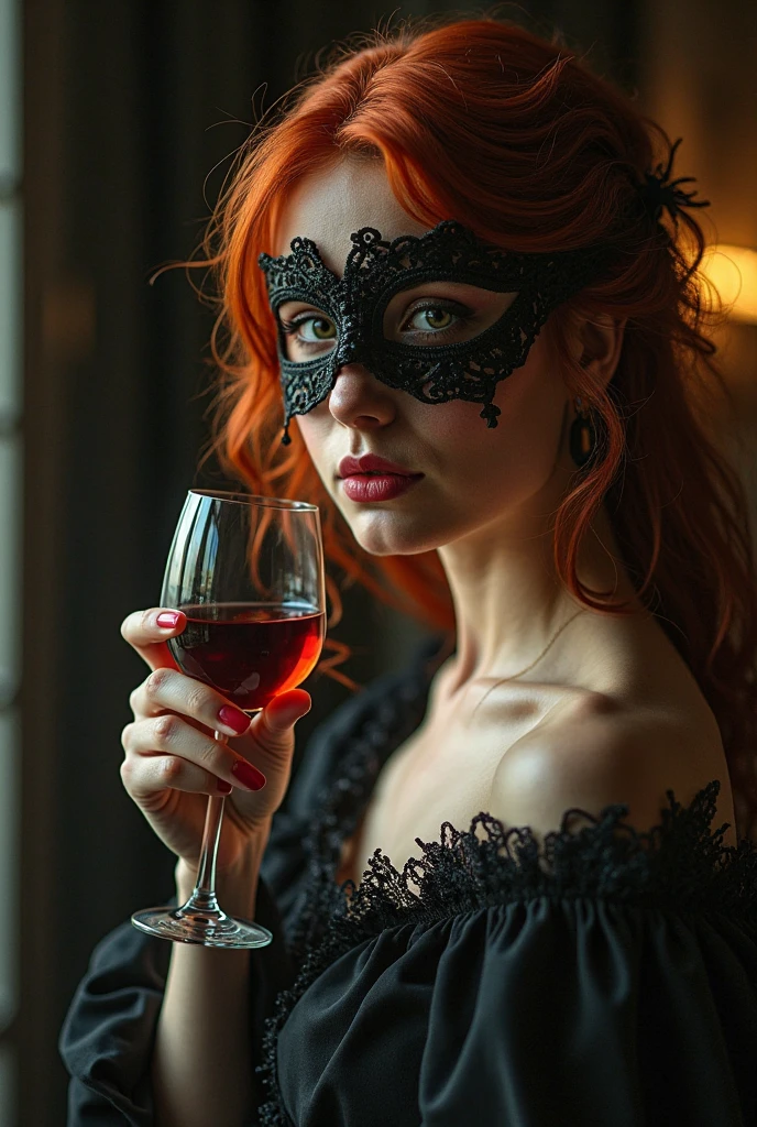 A scared, very thin maid in latex. The Venetian mask.. He holds a tray with wine glasses. Victorian style.