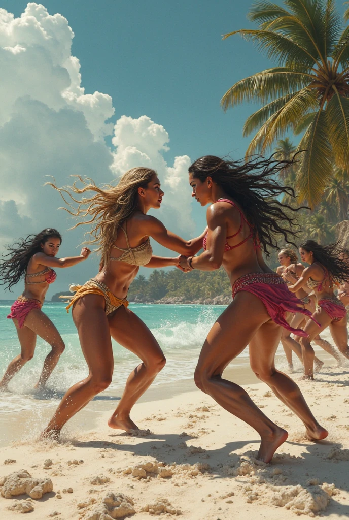(((2heads))), transgender woman, very feminine and beautiful face, hourglass figure, speedo, big bulge in crotch, sexy suntan, sunkissed skin, oiled skin, dark hair with highlights, unathletic, surfing at the beach, smiling, full body, realistic, detailed,oiled skin, glistening skin