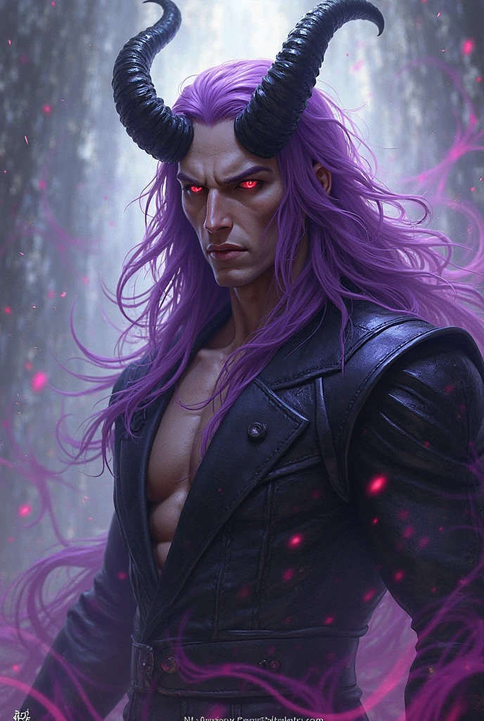 Male character has a striking and unique appearance, blending fierce power with a touch of vulnerability. He has lean, muscular features that are accentuated by his defined abs and sculpted arms. His skin is a mix of pale and darker patches, indicating vitiligo, which adds to his distinct presence. His long, flowing purple hair is tied back into a high ponytail, cascading down his back.
Black horns protrude from his head, curving upward in a sharp, menacing way, giving him a demonic yet captivating aura. His sharp red eyes are filled with intensity, suggesting that he has seen battles and endured hardship. Despite the power his body emanates, there is a calm, almost melancholic demeanor to him, hinting at deeper layers beneath the tough exterior. With his elven-like features, horns, and battle-hardened physique, he carries a presence that is both elegant and fearsome.