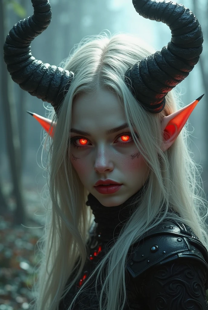 elf ears (horns on head) ,black hair (Red eyes)(Best quality,ultra detailed),bright colors,sharp focus,realistic,photorealistic:1.37,Forest background,warm sunlight,portrait,anime style,green foliage,elegant,playful,lush,flirty,bright features,enticing expression,seductively posing,Lush landscapes,wild and wild atmosphere,bewitching look,long flowing white hair,swaying gracefully,Светящиеся Red eyes,shrill, but exciting,horns,small waist,(Black underwear),tantalizingly revealing,confident and radiant energy