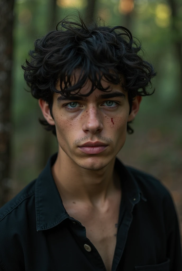 A teenage boy with long tangled black hair that covers his right eye, his visible eye pale, ice blue, with scars all over his neck and chest, wearing a thin linen shirt with three small feathers on a cord around his neck