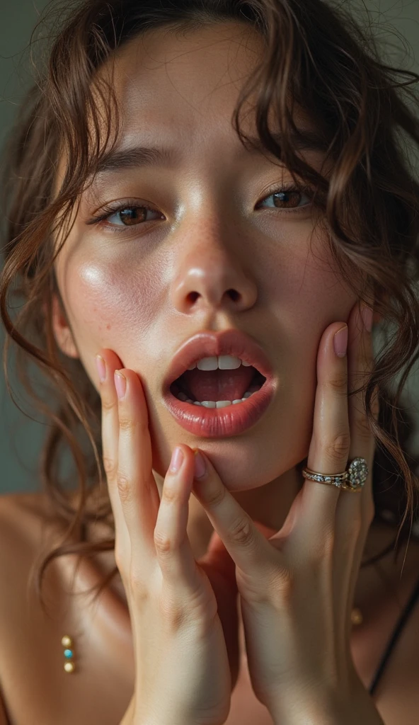 ((Top Quality, 8k, Masterpiece: 1.3)), Beauty, 1 Girl, Big: 1.3, Slender Abs: 1.1, Dark Brown Hair, disheveled bangs, (Lying on the Bed, Open with Legs Upright: 1.2), Ultra Detailed Face, Highly Detailed Lips, Detailed Eyes, Double Eyelids, Bra Red, Wet, Sweat, Orgasmic Face, Strips, All Fours, wet body, pubic area showing, pubic hair showing ,face focus, from below, naked, having penetration with guy, looking at viewer, NSFW, aroused, screaming, sorrow eyes, closed eyes, looked up sky, open mouth, in hotel room,