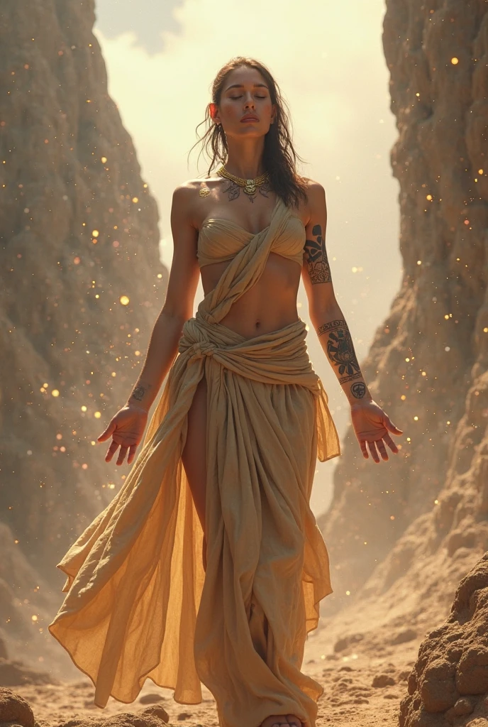 a woman with flowing sheer silk clothes, yelling as she summons a dragon ball, blasted moonscape, highly detailed, 8k, photorealistic, cinematic lighting, dramatic, powerful, energetic, athletic, young female, detailed face and eyes, flowing hair, dramatic pose, powerful energy, dragon ball, blasted moonscape, dramatic sky, glowing energy, cinematic, epic, stunning, masterpiece
