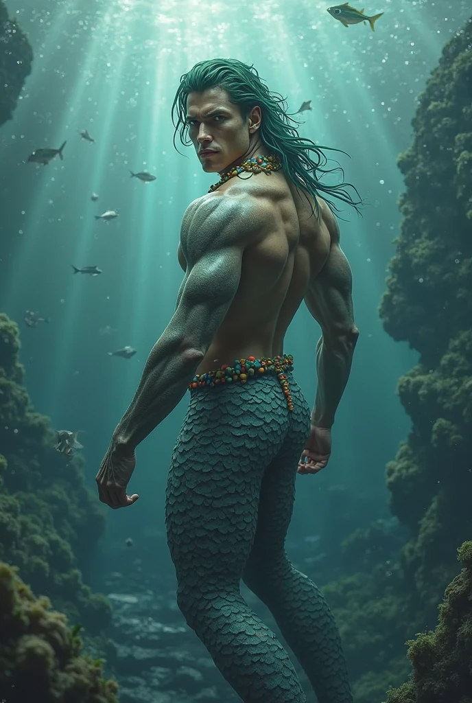 make a picture of a tall boy, light brown hair , with gray eyes, using a black mask ( that covers the mouth). He is a Triton and his tail is bicolored, split vertically, where one side is glossy white and the other a matte black.