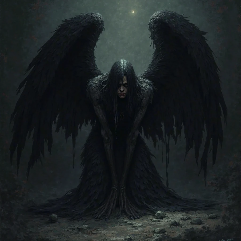 punished angel,sad angel with broken wings,chained,tears in eyes,dark atmosphere,dramatic lighting,angelic features,fallen from heaven,dystopian setting,desolate landscape,surrealism,fine art,high contrast,broken halo,misfortune,forlorn,emotional intensity,deep shadows,faint glimpse of hope,hopelessness,haunting,ethereal beauty,loneliness,lost innocence,damaged feathers,dark color scheme,pain and suffering,texture of a classic oil painting,breathtaking detail,masterpiece:1.2