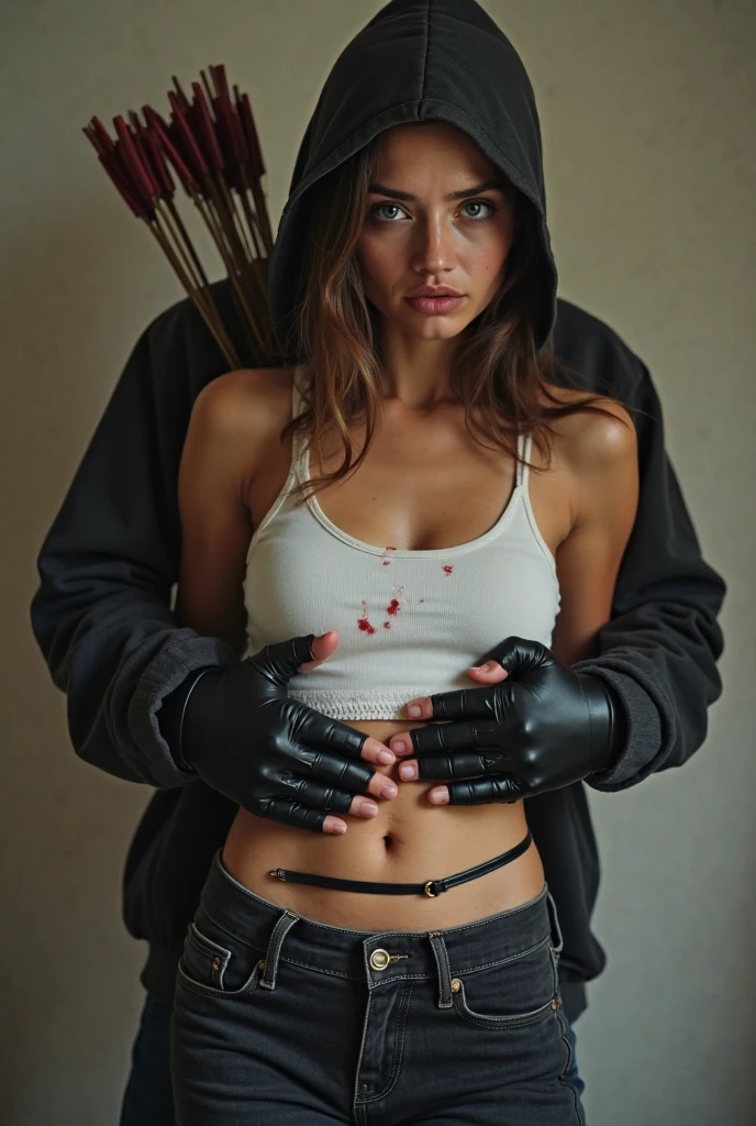 (bloody gunshot marks on , right leg, body and belly) (blood flowing leaking from her chin, mouth and teeth) unconscious 20 year old female with mercilessly wounded by gunshots slides down of ruined building, she is slender, long messy ombre hair, light pale skin, small button nose, round face, black sleevelss turtleneck knit crop top, blue jeans, and assault rifle laying on the ground next to her, she was shot in her left . she presses her left hand at bloody left , blood flows on her fingers, her large blue eyes wide open in shock, crying, her mouth open, she is looking right and high up, looking away from the camera, very sad expression, suffering in pain, coughing blood. she also has gunshot wounds on her right leg. she also has gunshot wounds on her stomach. red liquid in the walls. a hand pointing a black pistol to female's forehead, pistol very close