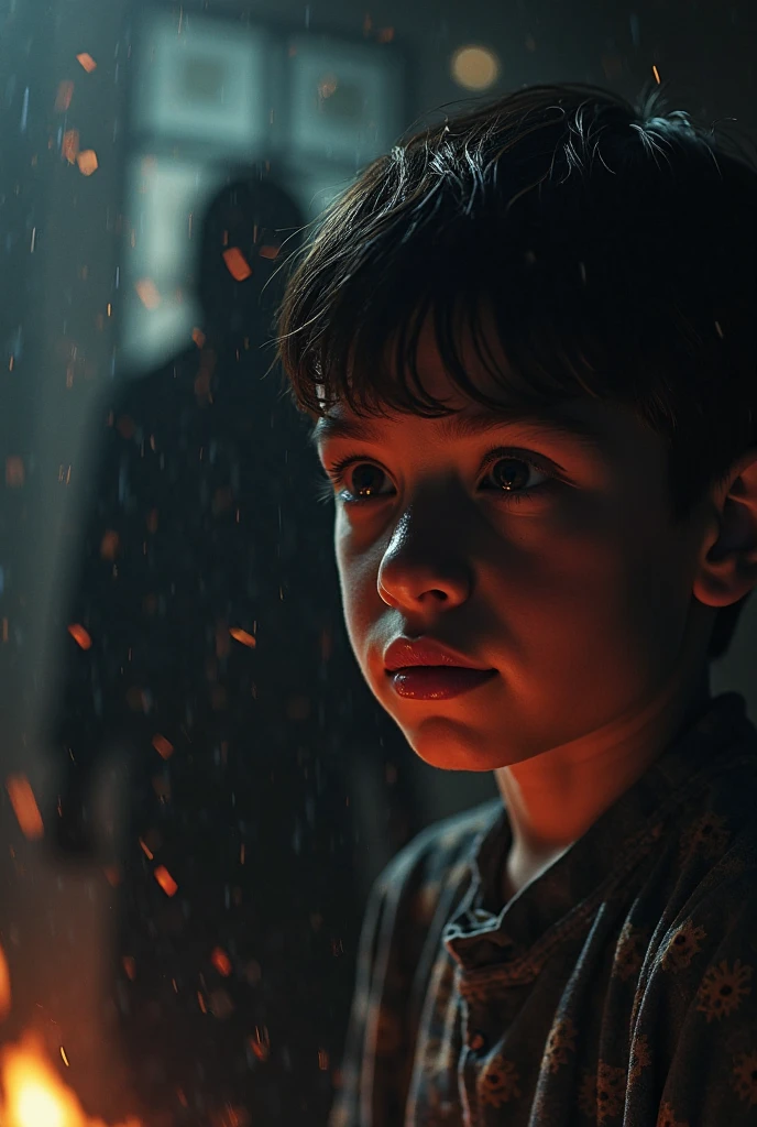 a boy , backgrounds like hell, chain effects, angry, 3d, 8k, realistic and details, storm effective