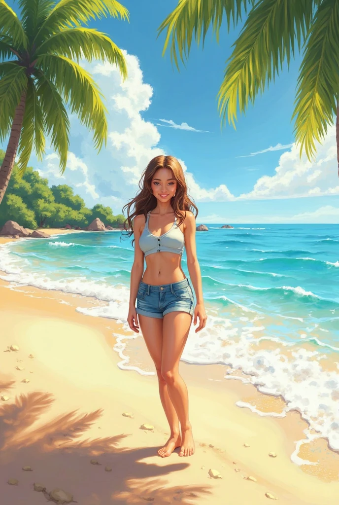 (photorealism:1.2), Create an image of an alone confident 2 Filipina woman with an hourglass body shape, slightly curvy, standing at 5'4". She has fair skin, long and thick hair, and a small heart-shaped face with subtle cheekbones and a rounded chin. Her nose is delicate, pointy, and . She is alone on a sunny beach, wearing a black long-sleeve surfing rashguard on top and a white bikini on the bottom. The camera is positioned at a slightly elevated angle, capturing a top view that shows her surfboard lying on the sand beside her with the leash attached and resting on the floor. She is crouching or sitting on the sand, applying sunscreen to her legs while looking directly at the camera with a happy, smiling expression. The morning sun bathes the beach in warm light, highlighting the vibrant, energetic scene. Her expression is joyful and relaxed as she prepares for her surf session. The background features beautiful, dynamic waves and a clear blue sky, enhancing the lively beach atmosphere.