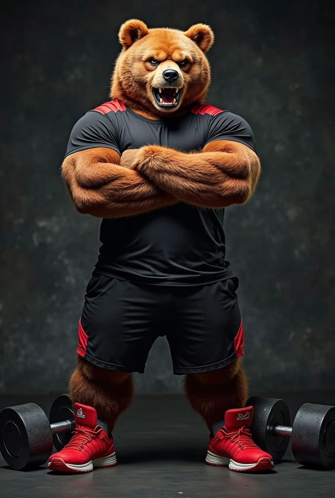 Monstrously massive muscle anthro furry bear in a red shirt and a red shirt on is holding 1000-pound barbell with one hand, furry art, muscle flex