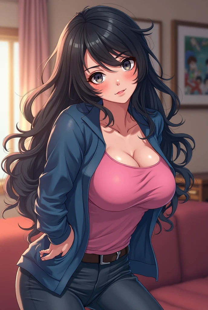 hair in a high ponytail, busty, cleavage, unbuttoned , skirt, standing, smiling, parted lips, (blushing:1.3), looking invitingly at the viewer, facing the viewer, livingroom background, leaning forward on table, (pov), glowing eyes, necklace, earrings, nsfw,
