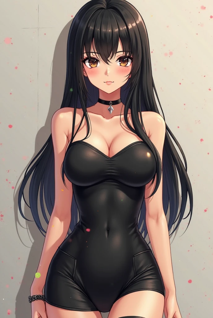 Black hair girl, long hair, cool, brown eyes.  Dark black background. Wearing hot dress. Beautiful,  sexy. Confident.  Sexy. Smiling