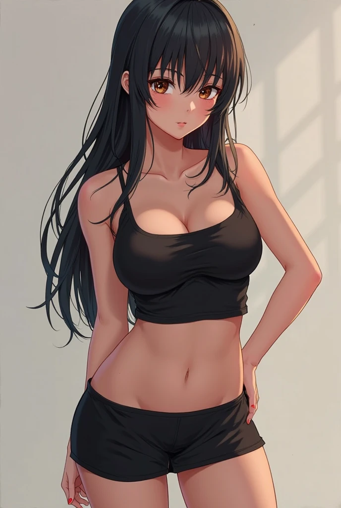 an animated drawing woman with bangs that cover her jaw and also long semi-wavy hair, perfect waist, her height 1.50 and tired eyes and a slight blush and big breasts with black clothes and shorts and black shoes as a profile picture