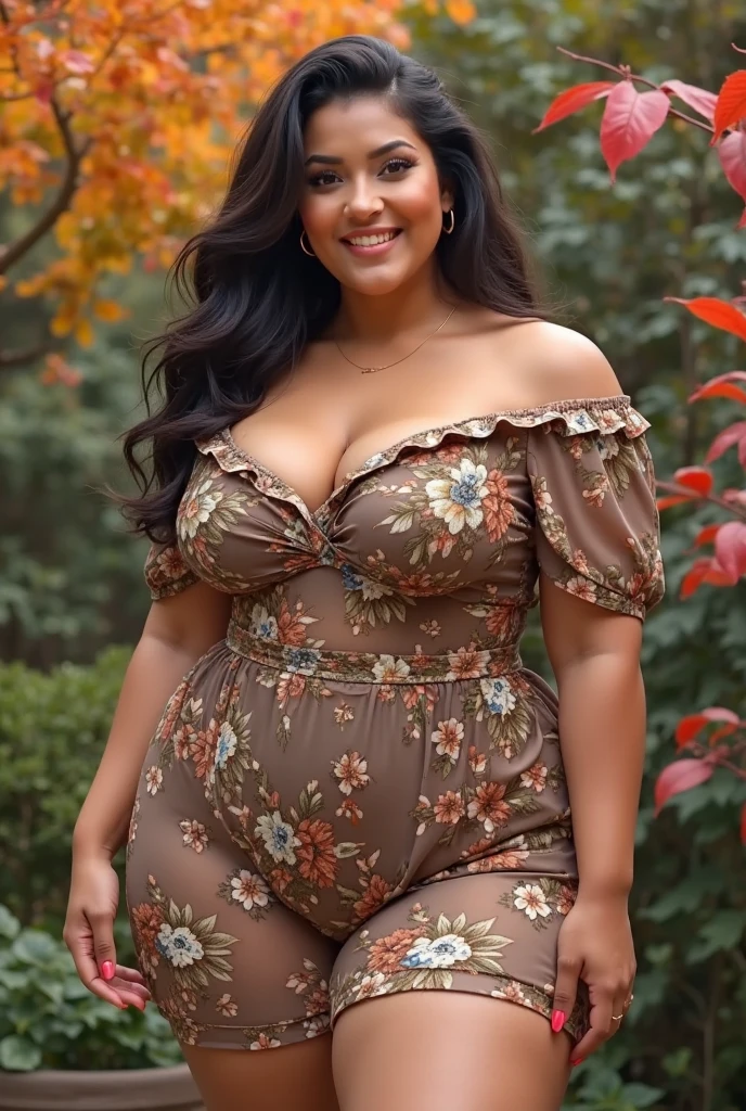 Create an 8k, UHD resolution, highly detailed, masterpiece-quality image of a stunning plus-size woman with a full-length frame, standing confidently and looking directly at the viewer. She has a gorgeous, plump face with smooth, spotless white skin and long, curly black hair with bright brown highlights. Her eyes are a blue with intricate iris patterns, bright sclera, and framed by long, thick eyelashes and perfectly shaped eyebrows. She is wearing a stylish dress, deep red colour dress with a colourful floral print that highlights her curvy body, including a big waist, thick thighs, and slim-fit belly. The dress features a deep neckline, drawing attention to her large, round chest and deep cleavage. The background features the London Bridge in daylight, with colorful lights creating a cinematic and professional photoshoot atmosphere, ensuring all details of her face and body are meticulously rendered.