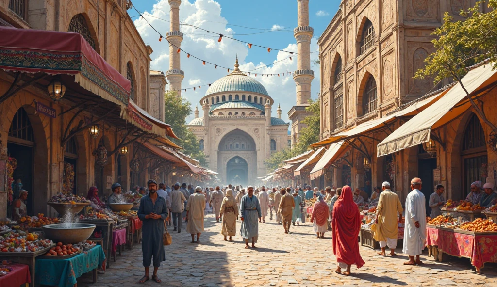 The Golden Age of the Abbasids:
"The bustling streets of Baghdad during the Abbasid Caliphate, showcasing a lively marketplace filled with scholars, traders, and artisans. In the background, the House of Wisdom stands as a grand structure, where scholars from diverse backgrounds study and exchange knowledge, symbolizing the intellectual and cultural zenith of the Islamic Golden Age."