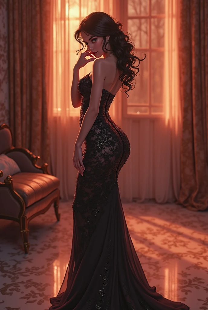 Full-bodied Brazilian, beauty standing on a sleek and sophisticated ceramic floor, interior design living room environment, Large bay window, Sun that arrives, morning ray, cold fog, divine rays, posing fror a picture,with an elegant dress, sexly, different posing styles, looks at viewer, penetrating and sensual look,