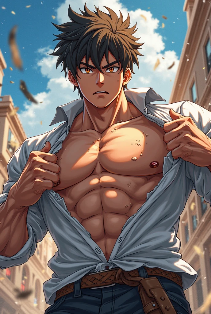shirtless super muscular sweat-drenched 23-year old short black hair handsome caucasian male, tattered jeans, sneakers, smiling
