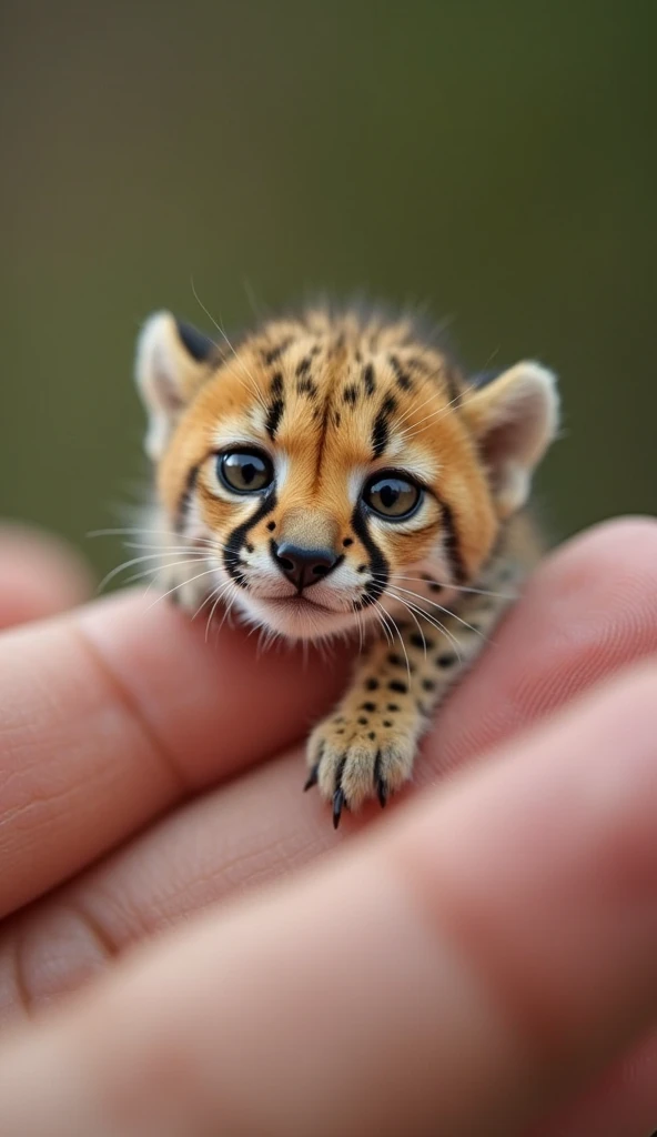 Photorealistic, 64k, A micro baby cheetah perched on a human perfect finger