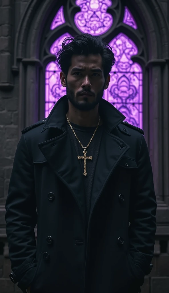 Bleach art style Quincy. Male, black curly hair. German priests robe with short modern sleeves. Irish cross pendant around wrist. Modern quincy