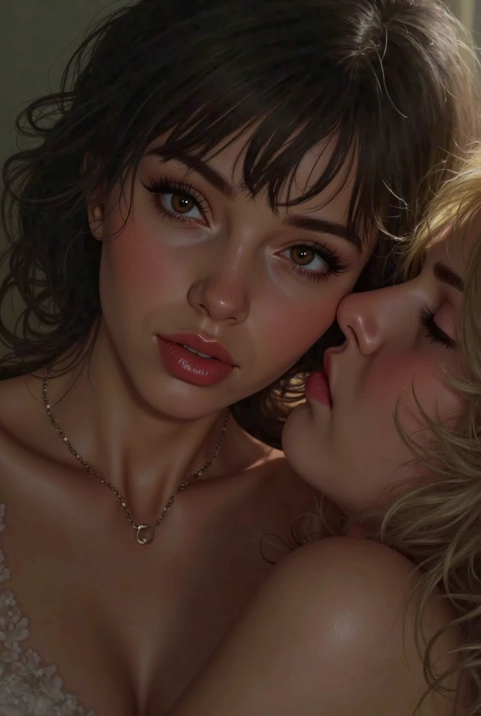 A realistic rendering of a David Wright style illustration of a very close, ultra close shot on the breasts of two kissing, pert, nubile, thin, pretty, freckled, teen girls with 50s style sandy blonde and light brown hair, topless, tiny breasts, bare breasts, exposed breasts, small breasts, little breasts, exposed crotch ,pink nipples , puffy nipples , exposed nipples , slight smile, open mouth, wearing pastel colored body harnesses, with wide lace straps, uniforms, iridescent sparkles on chest, iridescent glitter on breasts, white cuffs, white collar, hip straps, iridescent sparkles on breasts, reclining on a bed in a pink, 1950s teen girl's bedroom, ultra close shot on breasts