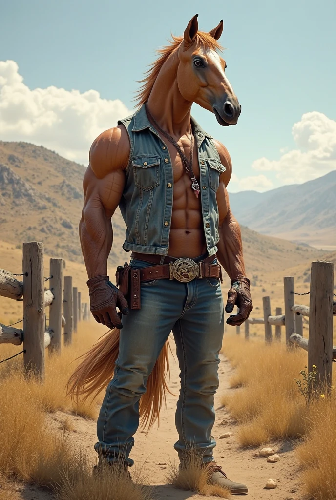 Furry, Antro, Solo, (White Horse), Horse tail, Ponytail, Horsetail, (Male Bulge), Big Balls, Wearing a Black Leather Harness, Black Leather Slip, Leather Slip, Black Belt, Spiked Collar, Spiked Wristbands, Cowboy Hat, Spiked Anklet, Hooves, Hairy, Full Body, Braided Mane, Hairy Torso, Seen Standing, Upright Standing Pose, Blue Pupil Eyes, High Resolution, 4K Detailed, Good Lighting, Beautiful, Blue Sky Background with Green Grass Meadow
