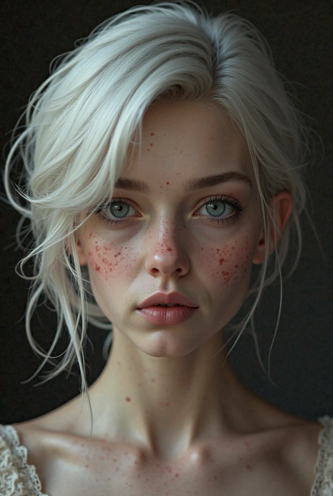 (uma fotogroffia premiada:1.3) off (Ultra photo realsisim:1.3),(vred:1.3) (close up:0.7), A Brazilian woman, albino with freckles in a white robe, realskin, 5d canon, 85mm, profundidaoff off campo, 8k, ultra-nitioffz, RTX, octane, irreal, Dramatic light, Global illumination (author:WLOP Artist:1.3),altamente offtalhado,(Arte Darkwave:1.3),(Arte Hardcore:1.3),(Agfacolor:1.3),(Close portrait:1.3),(Female One:1.4),(very beautiful:1.4),(appealing:1.3),handsome,Calendar pose,olhos veroffs offtalhados perfeitos,studio lighting,themed background, naked, new, feições mistas off Emmy Rossum e Brooke Shields, white hair.