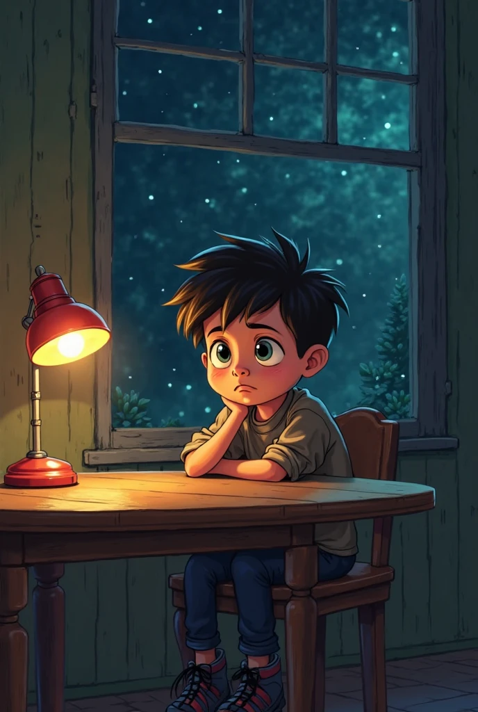 A boy with a backpack crying on a bench behind the house