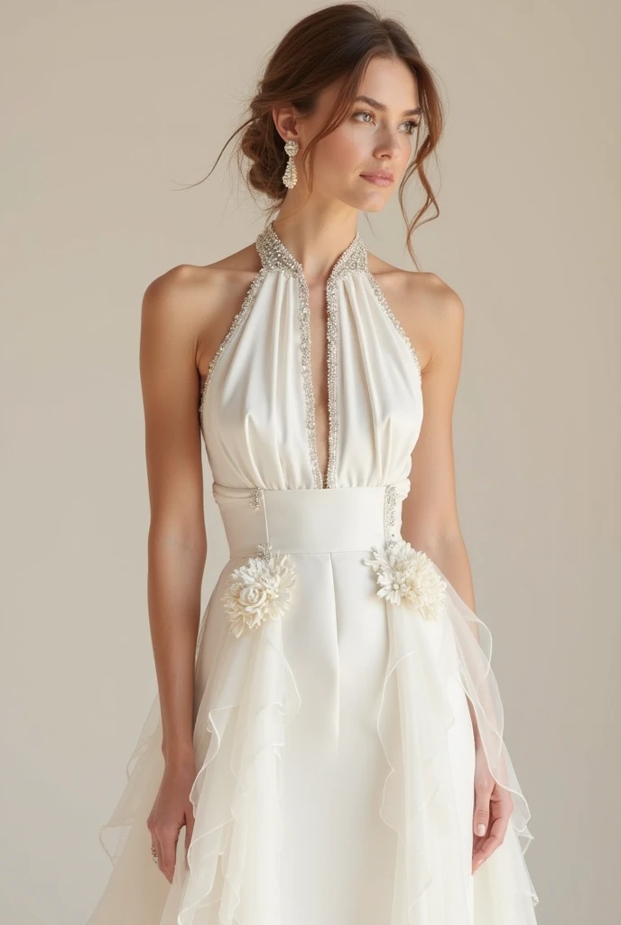 ((young girl))((tween bride))((12-year-old-girl)), (wearing a ((shor))t halter ((((bodycon))) satin wedding dress) standing a dark room