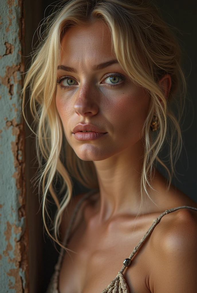 1girl,solo,long hair,breasts,looking at viewer,blonde hair,shirt,cleavage,jewelry,green eyes,white shirt,upper body,open clothes,necklace,bra,lips,open shirt,wavy hair,freckles,realistic,nose,unbuttoned