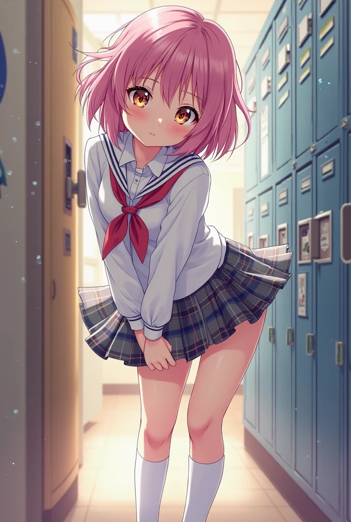 score_9, score_8_up, score_7_up, score_6_up, score_5_up, score_4_up,
20 years old,
dark pink hair, hair bun, two bangs, white hairpin, silver earrings, green eyes, mole, cute,
slim build, medium breast,
blush,
pink shirt, white skirt, stripe panties,
library,
bent over, ,
straight on,
source_anime