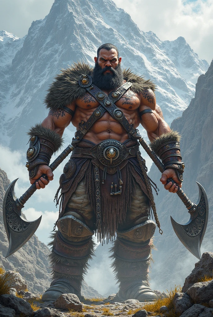 male barbarian, height 6 feet 3 inches, weight 260 pounds, very muscular, holding 2-hand sword in right hand and double-bladed axe in left hand, wearing light armor, Ultra realistic image, Best Quality