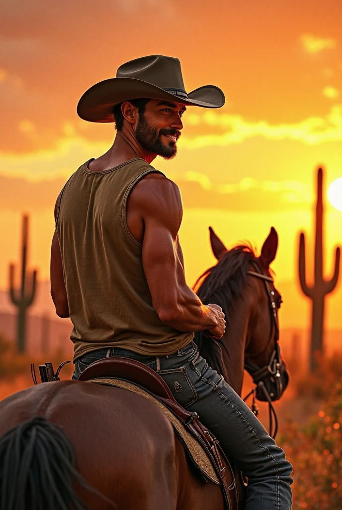 5 cowboy men working on a horse farm some shirtless and another wearing a striped shirt and a handsome young gay man seduces him