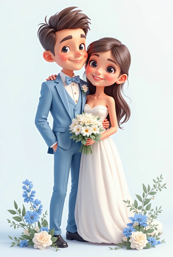 1 adesivo, hand account, (adesivo, 1 menino e 1 menina, ela tem o cabelo quase ruivo, vestido de noiva, bouquet, greeble), Cabelo castanho, cabelos castanho claro, stand, aquarela, fundo branco, fundo simples, minimum, bonito, tiny, cor pastel, estilo vetorial, sem gradiente, Casamento, pose de casal, Corpo inteiro, ((um casal)), (um homem e 1 mulher), ((Jovens)), (Terno azul royal, vestido de noiva), Felizes, alegria, felicidade, Glasses boy, (cabelos castanho claro) bouquet, ((Bouquet of white daisies)), salute, jardim