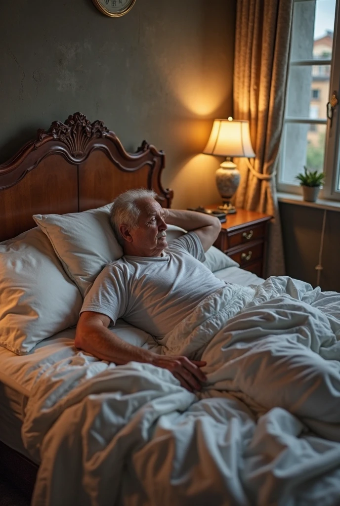 An image of an elderly man talking to a wardrobe mirror from his bed while lying down
