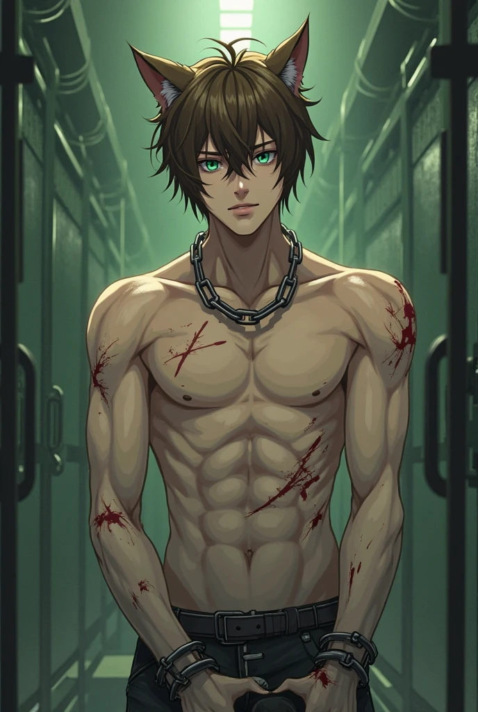 A man, long black hair, red eyes, fair skin, thin body, in a cage, bound, chained, desperate expression, Blood