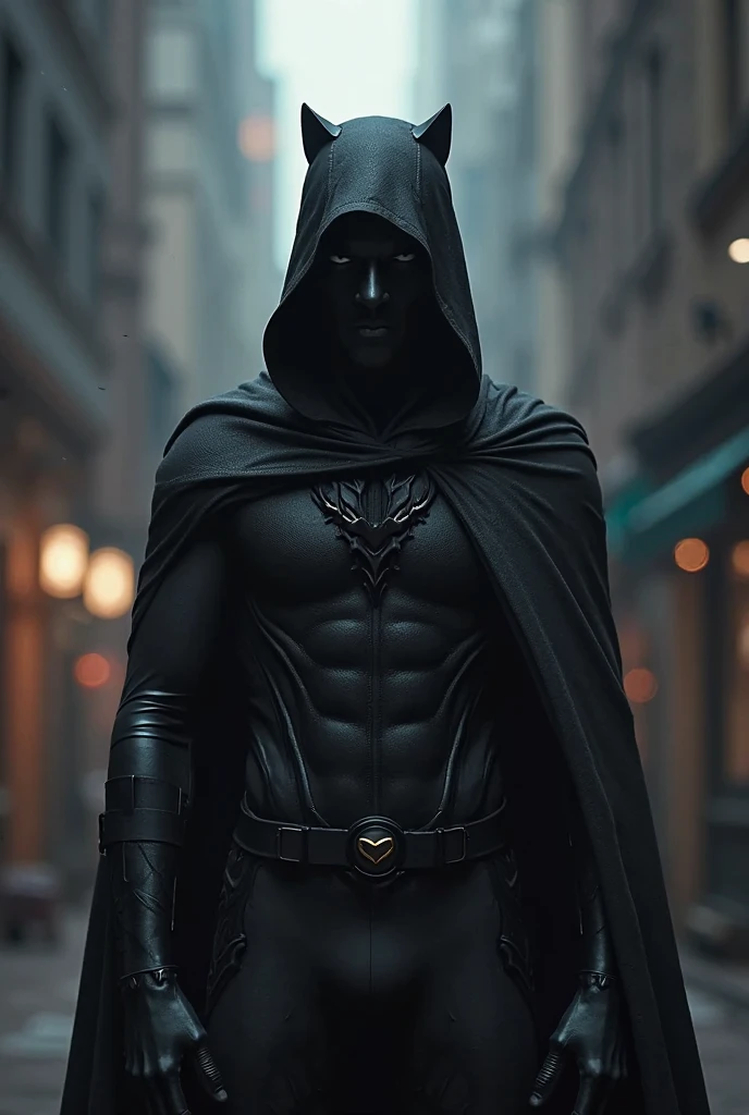 1man, american, black hooded half mask, metallic upside down triangle symbol, black tech suit with metal accents, bare forearms, black cape, black boots, dark aura, silver ulitlity belt, smoke background
