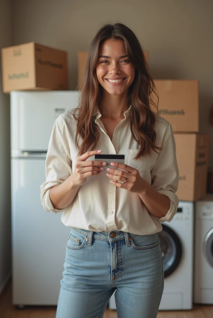An attractive model, captured from an overhead selfie perspective, is holding a large eBay box. She smiles naturally, with loose hair and a casual chic outfit. The setting is a modern home with minimalist decor, allowing sufficient space around the model for text placement.